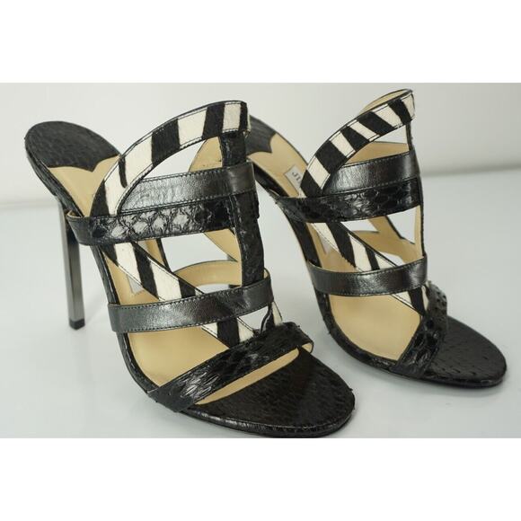Jimmy Choo Black Multi Leather Vanisa Strappy Slide Sandals Size 37 Heel Mule - Picture 2 of 13